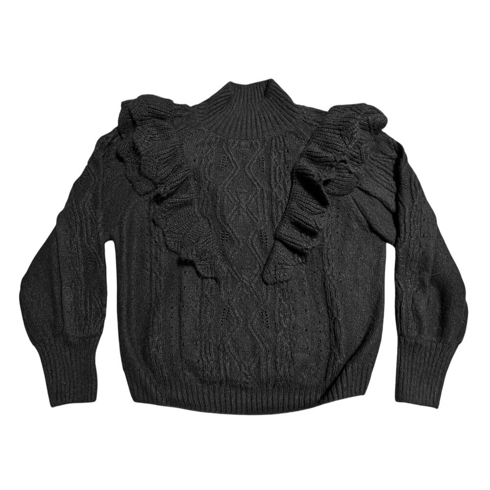 Anthropologie Maeve Black Sweater Cable Knit Ruffle Turtleneck Capsule Corp